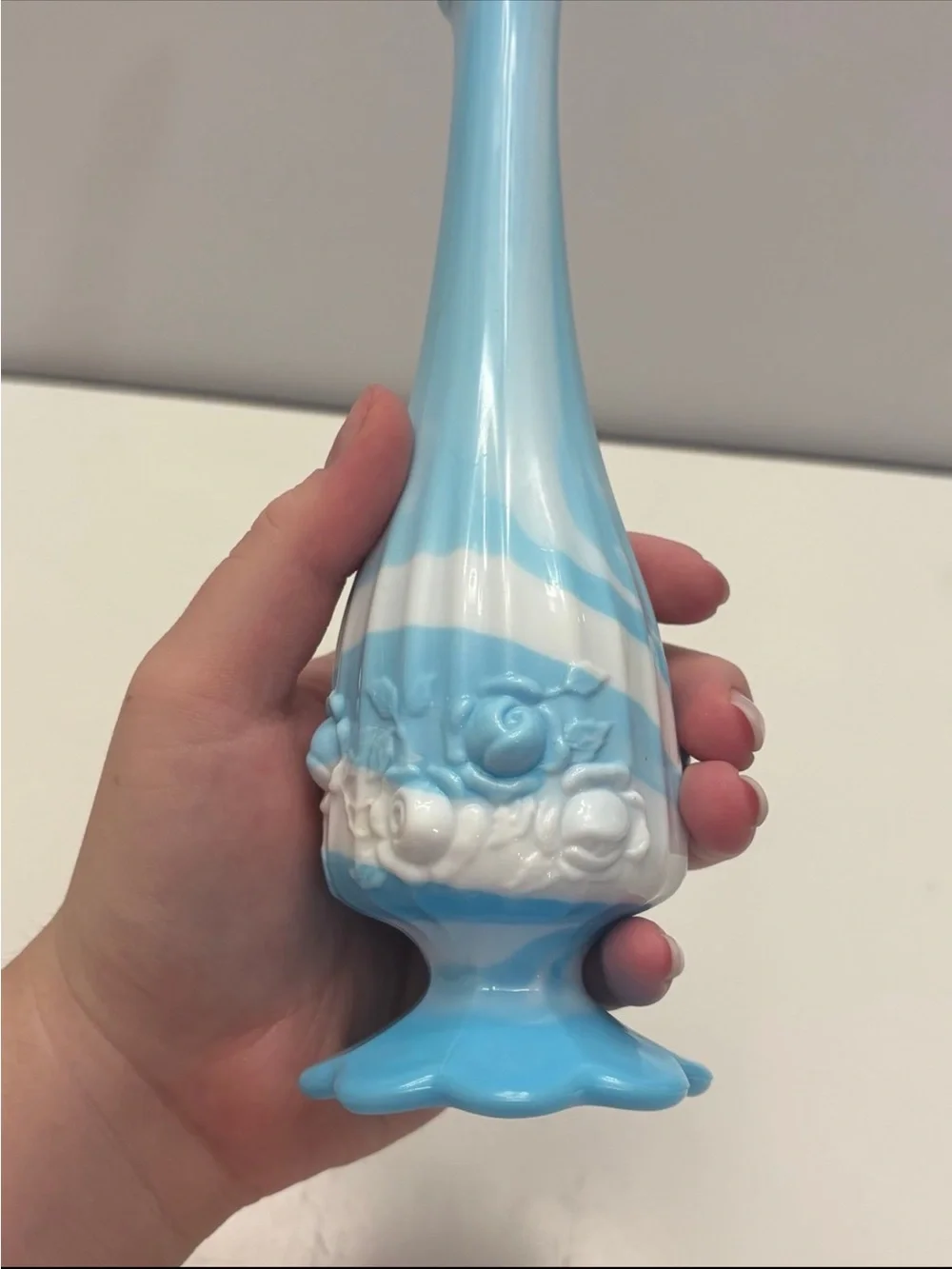 Fenton Blue Marble rose pattern slag vase